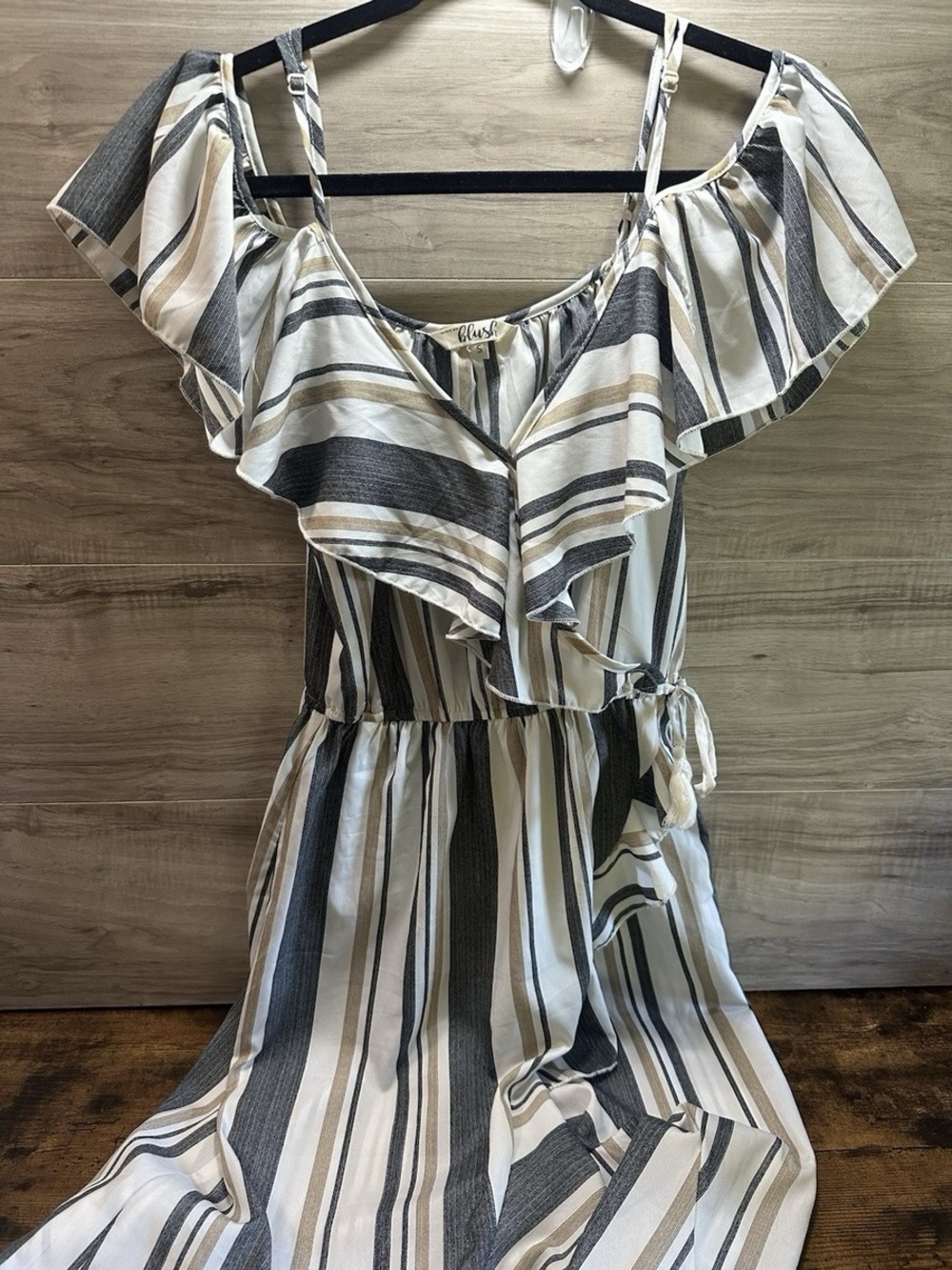 Blush Striped Ruffle Midi Dress - White, Gray & Tan